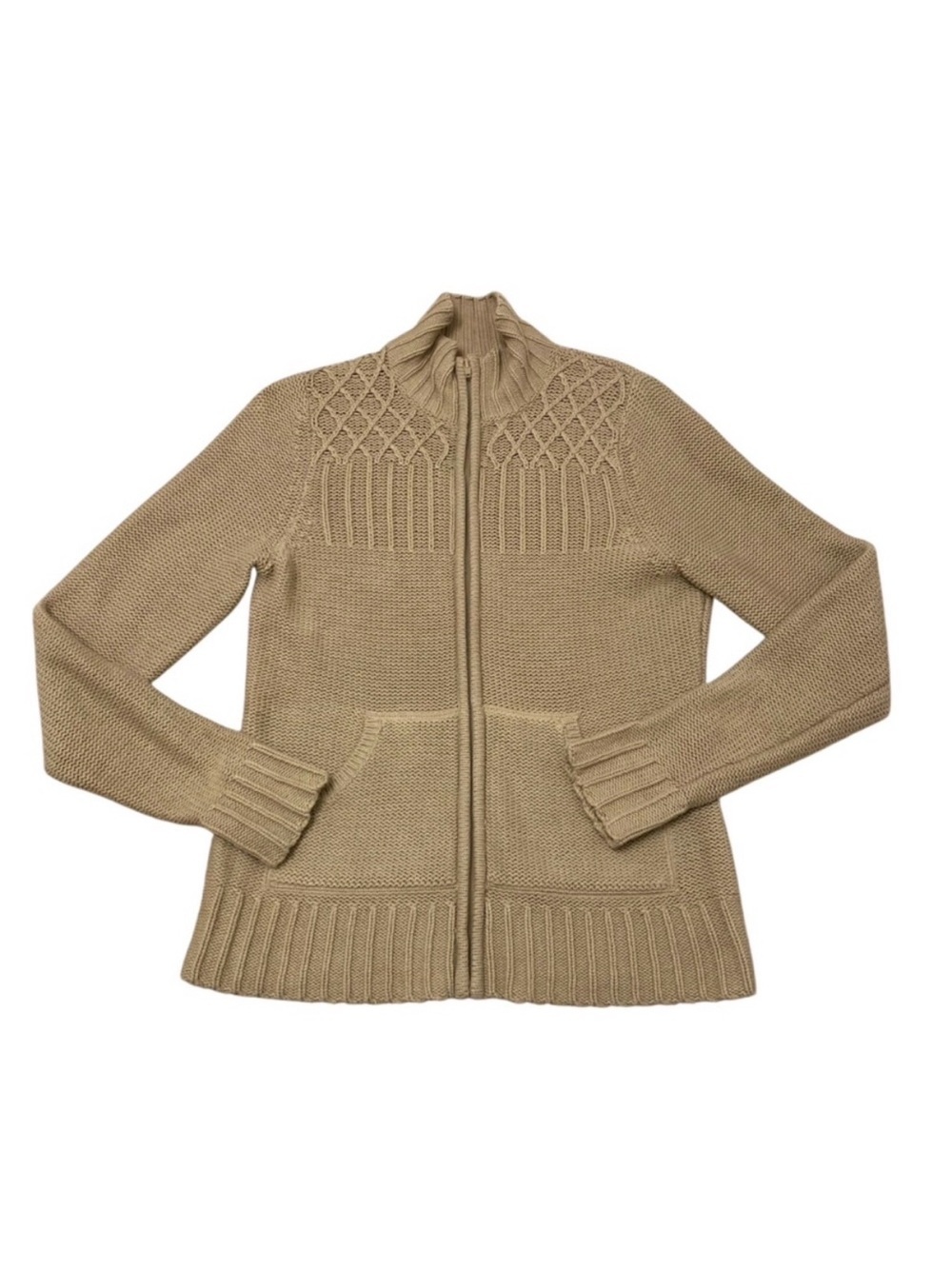 Canyon River Blues Knit Fitted Zip Up Sweater Turtleneck Tan Y2K Women’s Large